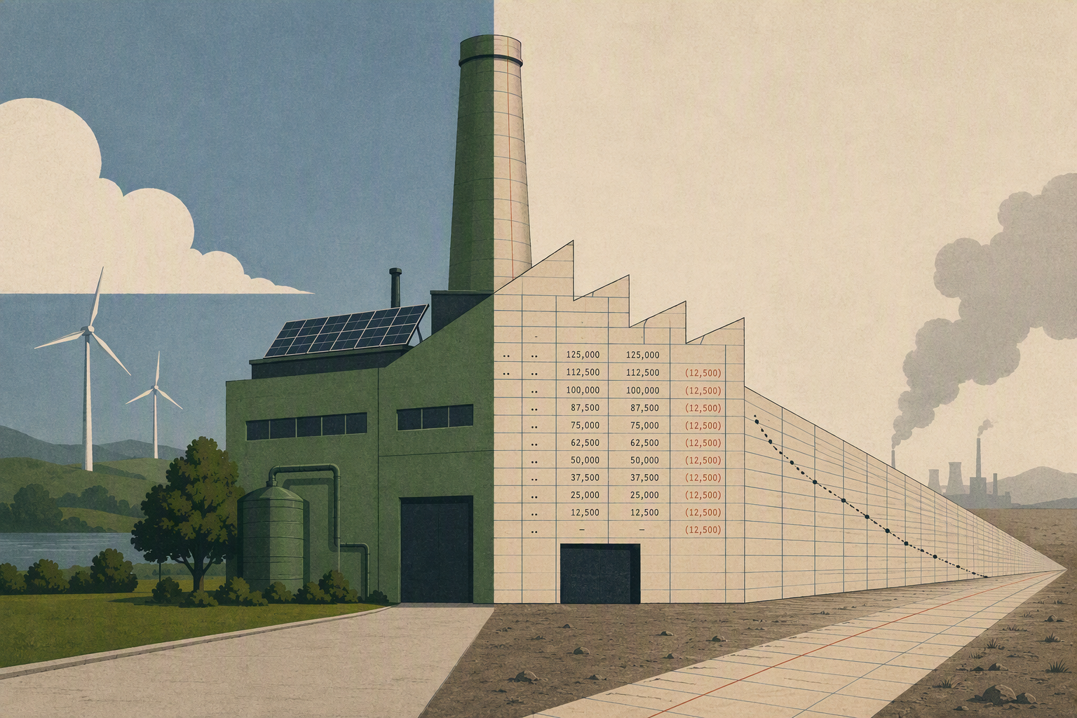 Factory split between renewable energy infrastructure and a financial depreciation schedule.