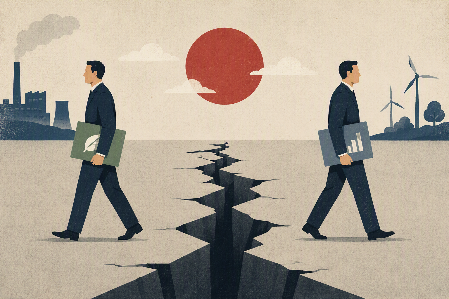 Sustainability and finance representatives walking apart across a gap in their assumptions.