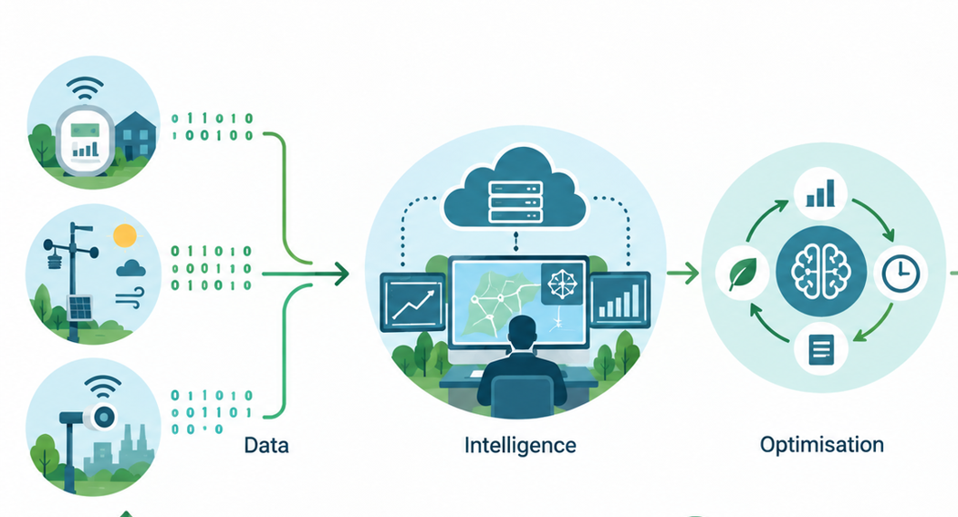 Digital-energy flow connecting operational data, analysis and optimisation decisions.