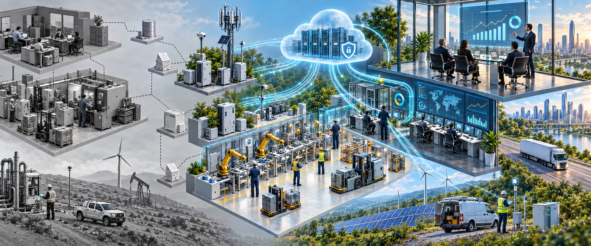 Industrial equipment, cloud platforms and control rooms connected into one digital operating system.