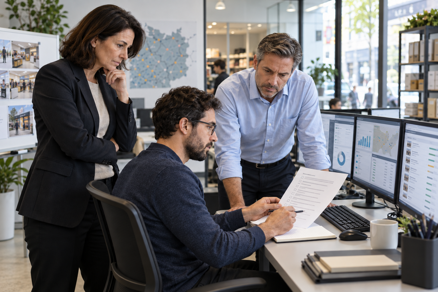 Team checking a change-control checklist alongside business-system dashboards.