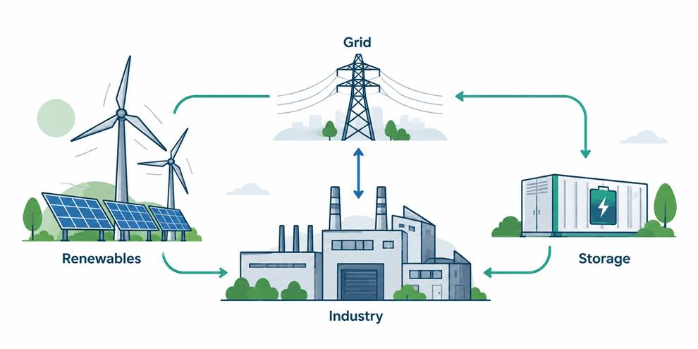 Industrial energy system connecting renewable supply, grid infrastructure, energy storage and demand.
