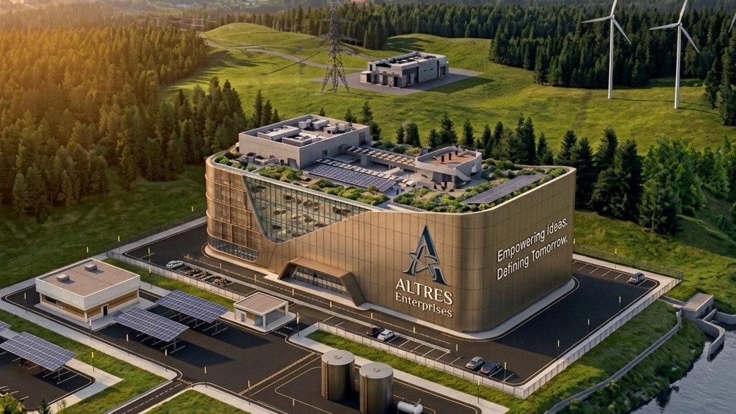 ALTRES Enterprises campus with solar installations, wind turbines and energy infrastructure.